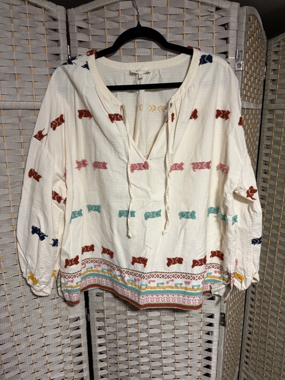 Lou & Grey for Loft Boho Embroidered Cream Peasant Top